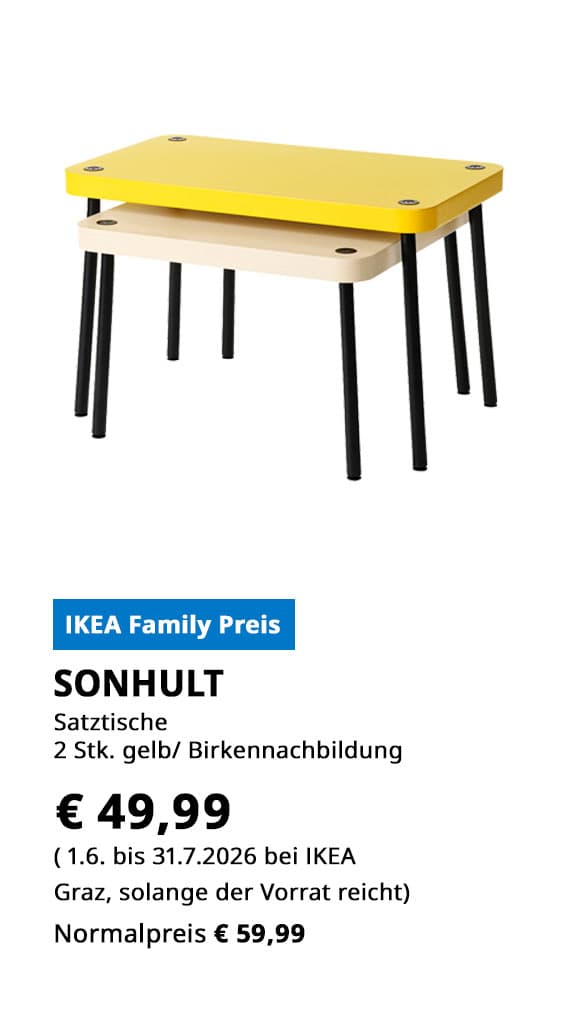 Satztische Sonhult, 2 Stück, gelb und Birkennachbildung, statt € 59,99 zum Ikea Family Preis von € 49,99.