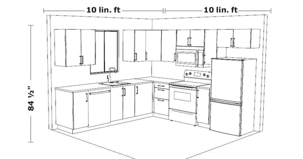 Schéma d’une cuisine de 10×10 pi indiquant des dimensions de 10 pi lin. par 10 pi lin. avec une hauteur de 84,5 po.
