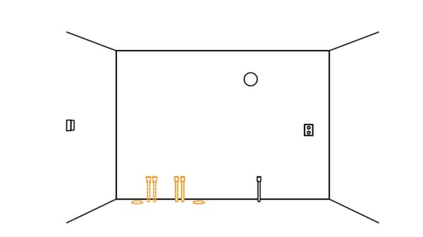 Schéma d'une pièce avec des arrivées d'eaux et des interrupteurs