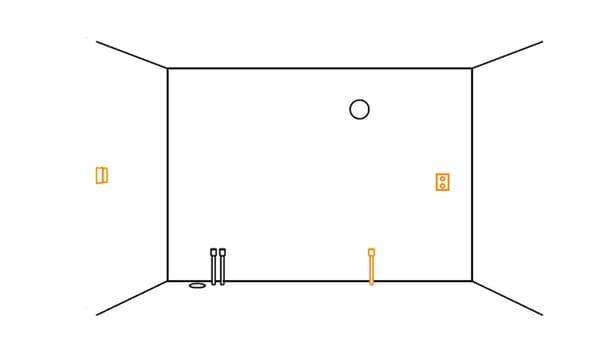 Schéma d'une pièce avec des arrivées d'eaux et des interrupteurs