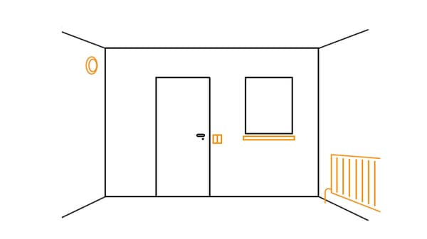 Schéma d'une pièce avec une fenêtre et une porte, ainsi que un radiateur orange, une ventilation orange, un interrupteur