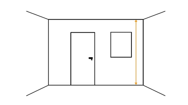 Schéma d'une pièce avec une fenêtre et une porte, ainsi qu'une flèche mesurant du sol au plafond.