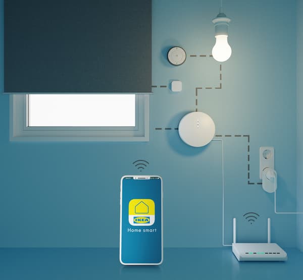 Schéma zorazující aplikaci IKEA Home smart na smartphonu a některé možnosti nastavení s několika zařízeními Home smart.