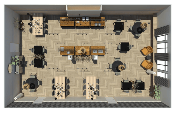 Schematische weergave van het bovenaanzicht van de ontbijtzaal.