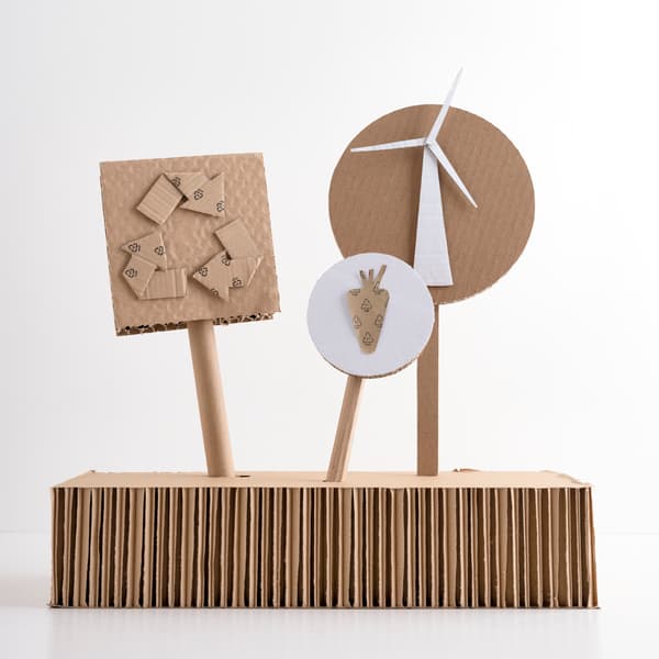 Schilder aus Karton mit Recycling-, Windkraft- und Gemüsesymbolen als spielerischer Umweltbeitrag 