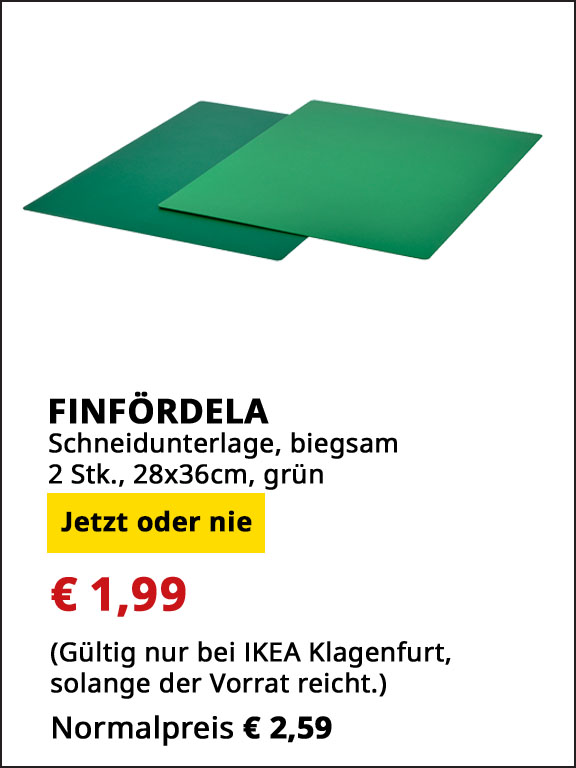 Schneideunterlage Finfördela, biegsam, 2 Stück, 28x36cm, grün, statt € 2,59 um € 1,99.