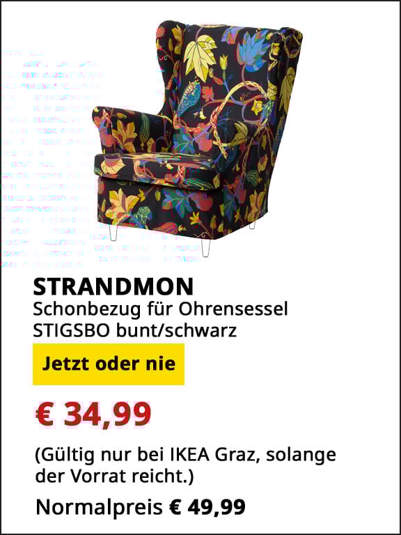 Schonbezug für Ohrensessel Strandmon, Stigsbo bunt/ schwarz, statt €49,99 um €34,99.