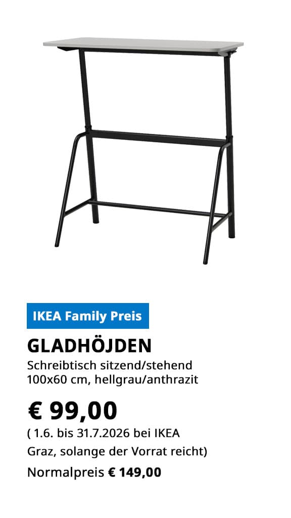 Schreibtisch Gladhöjden, stehend/ sitzend, 100x60cm, hellgrau/ anthrazit, statt € 149 zum IKEA Family Preis von € 99,00.