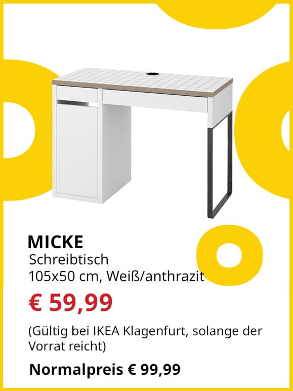 Schreibtisch Micke, 105x50cm, weiß/ anthrazit, statt € 99,99 um € 59,99.