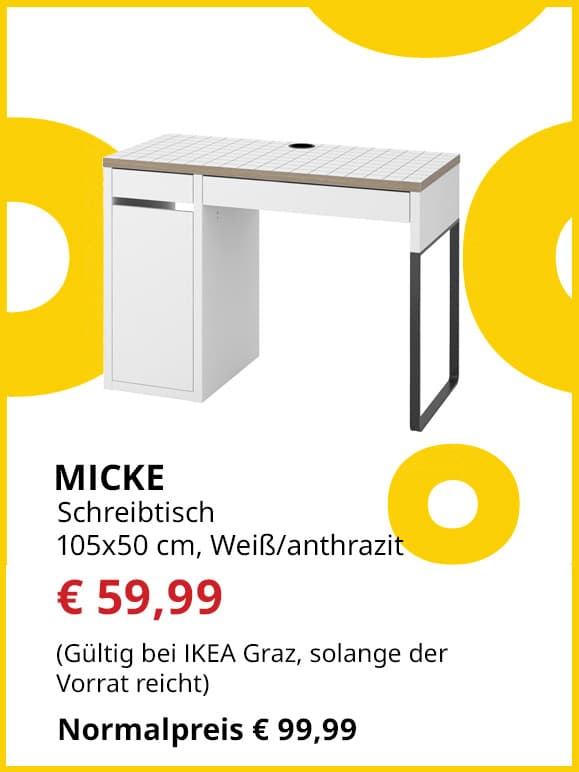 Schreibtisch Micke, 105x50cm, weiß/ anthrazit, statt € 99,99 um € 59,99.