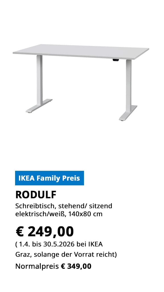 Schreibtisch Rodulf, für sitzenden oder stehenden Gebrauch, elektrisch verstellbar, 140x80cm, weiß, statt € 349 zum IKEA Family Preis von € 249.