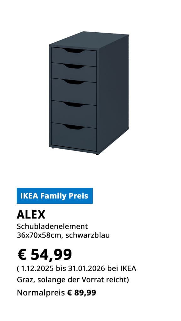Schubladenelement Alex, 36x70x58cm, in schwarzblau, statt € 89,99 zum IKEA Family Preis von nur € 54,99.