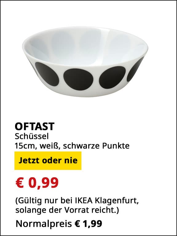 Schüssel Oftast, Durchmesser 15cm, weiß schwarz/ Punkte, statt € 1,49 um € 0,99. 