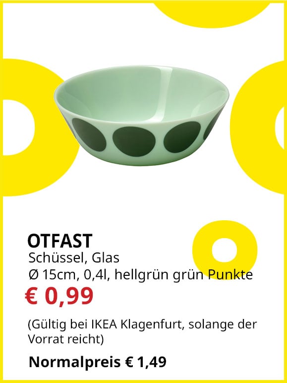 Schüssel Otfast, 0,4l, Durchmesser  15cm, grün, gepunktet, statt  € 1,49 um € 0,99.