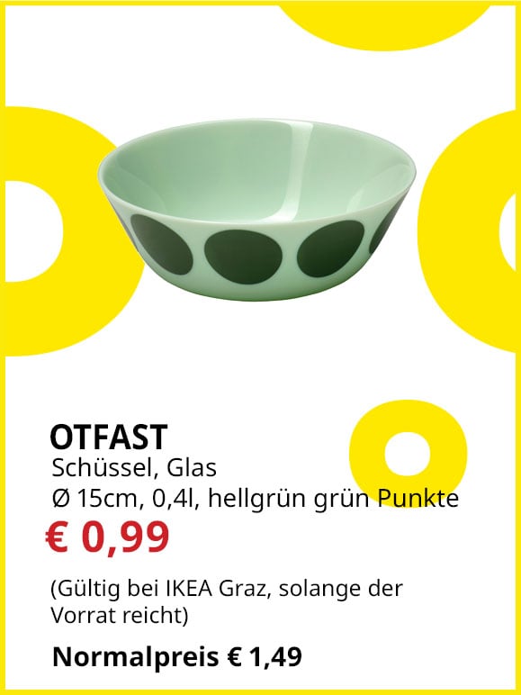 Schüssel Otfast, 0,4l, Durchmesser  15cm, grün, gepunktet, statt  € 1,49 um € 0,99.
