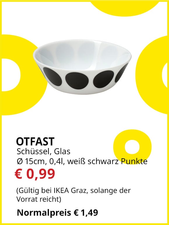 Schüssel Otfast, 0,4l, Durchmesser  15cm, weiß, gepunktet, statt  € 1,49 um € 0,99.