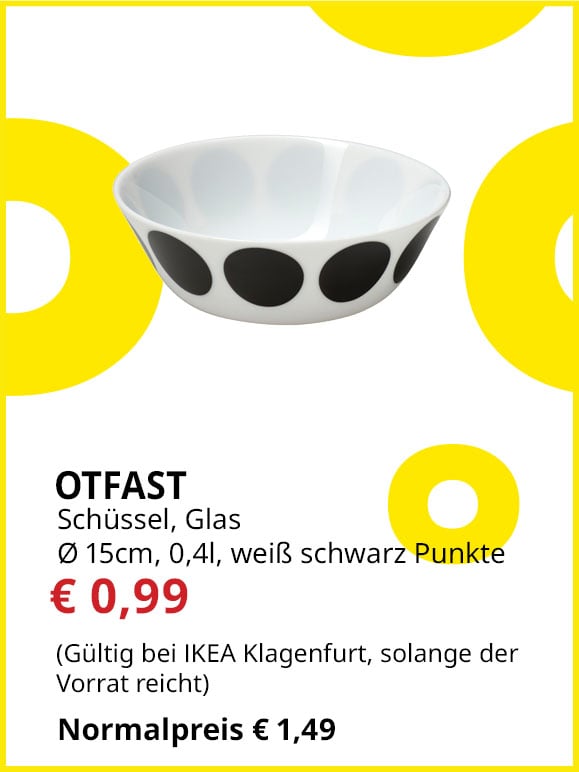 Schüssel Otfast, 0,4l, Durchmesser 15cm, weiß, gepunktet, statt  € 1,49 um € 0,99.