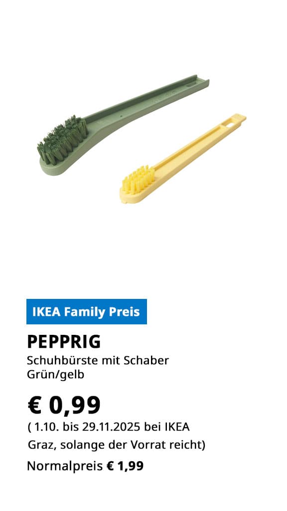Schuhbürste und Schaber Pepprig, grün gelb, statt € 1,99 um € 0,99.