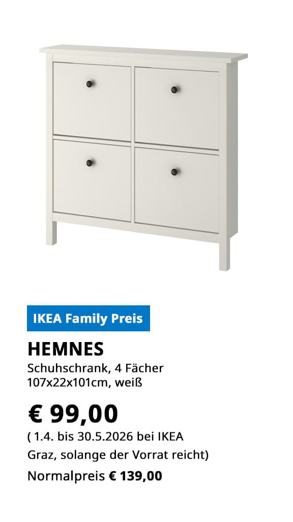 Schuhschrank HEMNES, 4 Laden, 107x22x101cm, weiß, statt € 139 zum IKEA Family Preis von € 99.