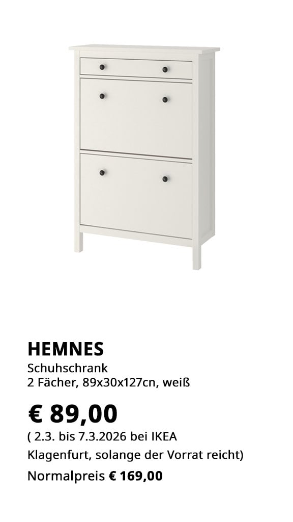 Schuhschrank Hemnes, mit 2 Fächern, 89x30x127cm, weiß, statt €169 um € 89.