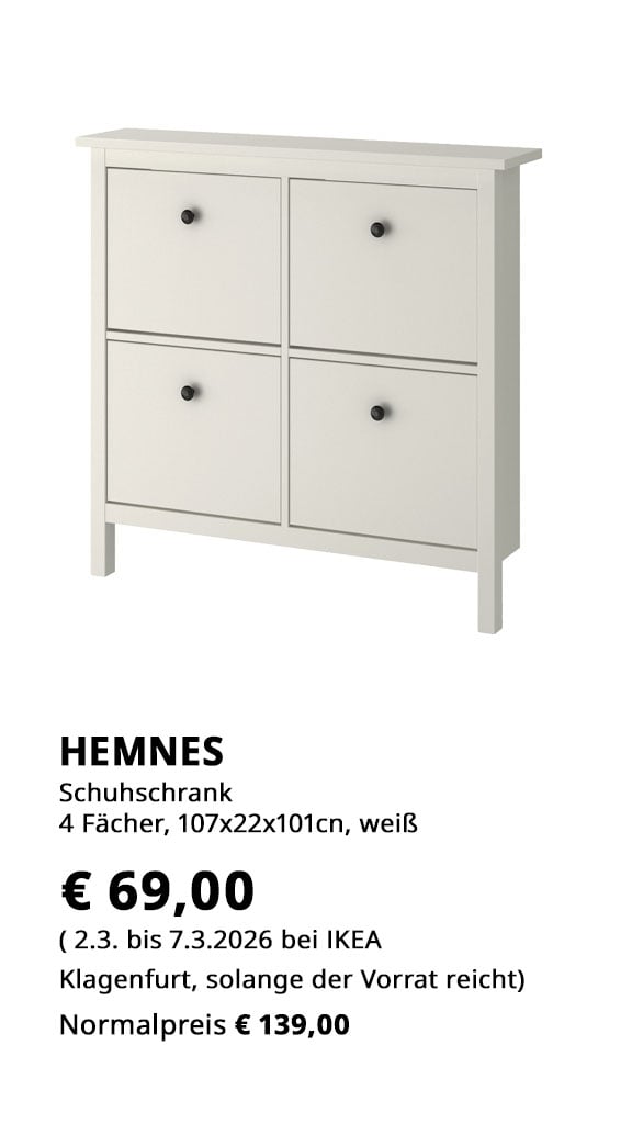 Schuhschrank Hemnes, mit 4 Fächern, 107x22x101cm, weiß, statt €139 um € 69.