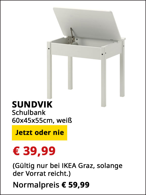 Schulbank Sundvik, 60x45x55cm, weiß, statt € 59,99 um € 39,99.