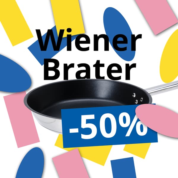 Schwarze Bratpfanne mit dem Text „Wiener Brater“ und einem blauen Banner mit „-50 %“ auf buntem grafischem Hintergrund.