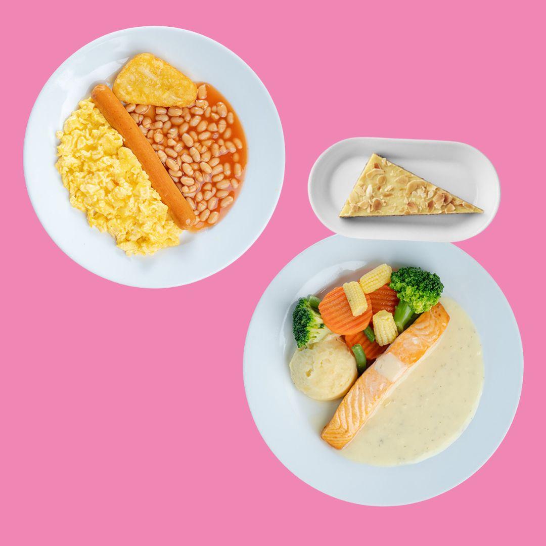 Scramble eggs with chicken sausage, hash brown, and baked beans & Baked salmon fillet with almond cake