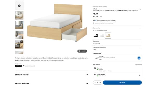 Screenshot of a oak veneer MALM bed frame on IKEA.sg