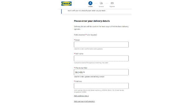 Screenshot of checkout page form to be filled on IKEA.sg