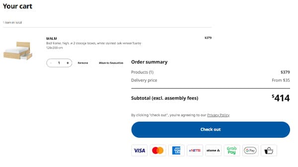 Screenshot of customer's cart featuring an oak veneer MALM bed frame on IKEA.sg