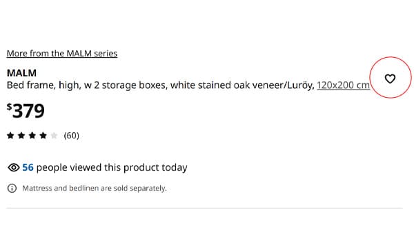 Screenshot of heart shape icon representing Favourites list on a product information page on IKEA.sg