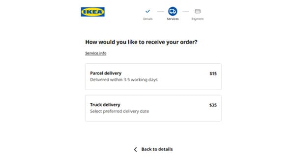 Screenshot of parcel or truck delivery option on IKEA.sg checkout page