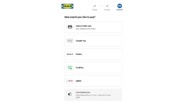 Screenshot of payment options on IKEA.sg