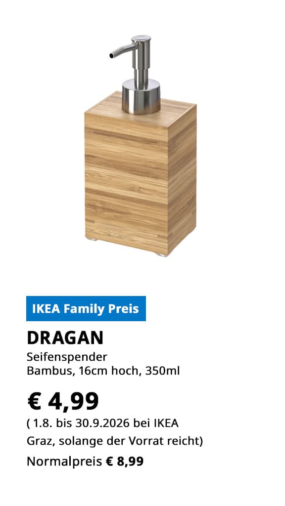 Seifenspender Dragan, Bambus, 350ml, statt € 8,99 zum IKEA Family Preis von € 4,99,