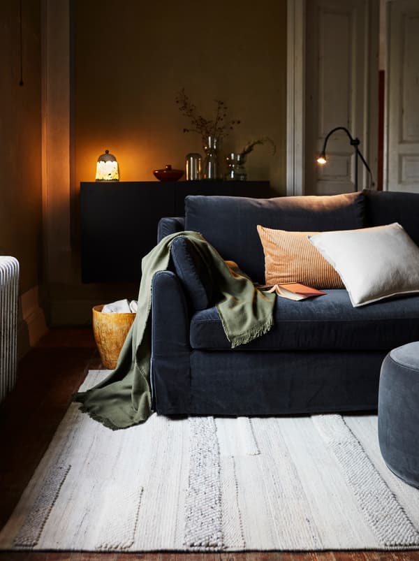 Séjour avec un canapé foncé, un tapis couleur crème, des coussins et couvertures, un lampadaire et un buffet orné d’objets décoratifs.