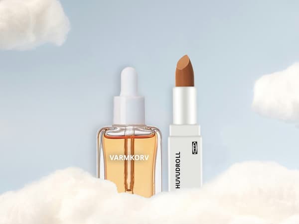 serum in glass bottle and lipstick displayed on clouds