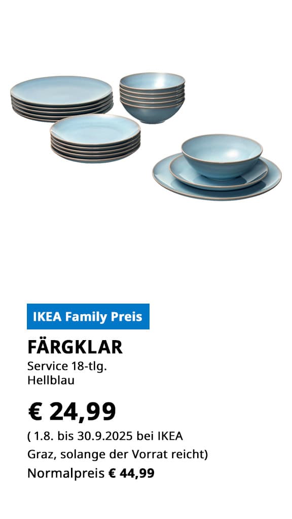 Service Färgklar,  18-teilig, hellblau, statt € 44,99 zum IKEA Family Preis von € 24,99.