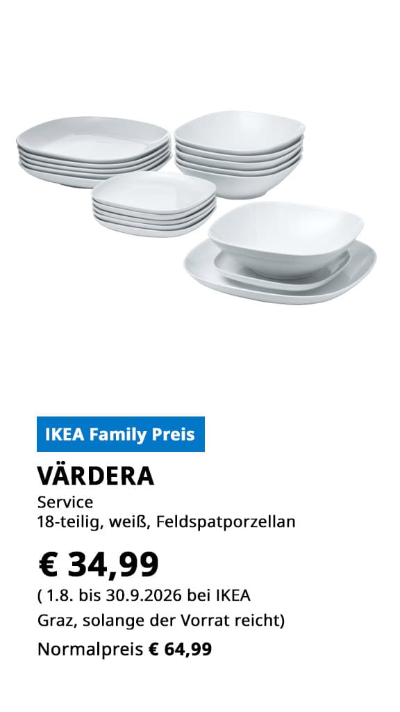 Service Värdera, 18 teilig, weiß, Feldspatporztellan, statt  €64,99 zum IKEA Family PReis von € 34,99.