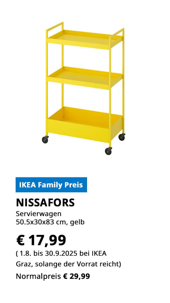 Servierwagen Nissafors, 50,5x30x83cm, gelb, statt € 29,99 zum IKEA Family Preis von € 17,99.