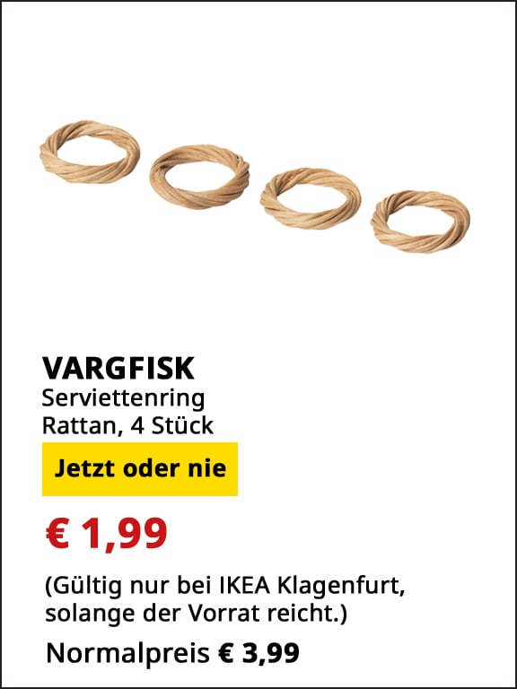 Serviettenringe Vargfisk, Rattan, 4 Stück, statt € 3,99 um € 1,99.