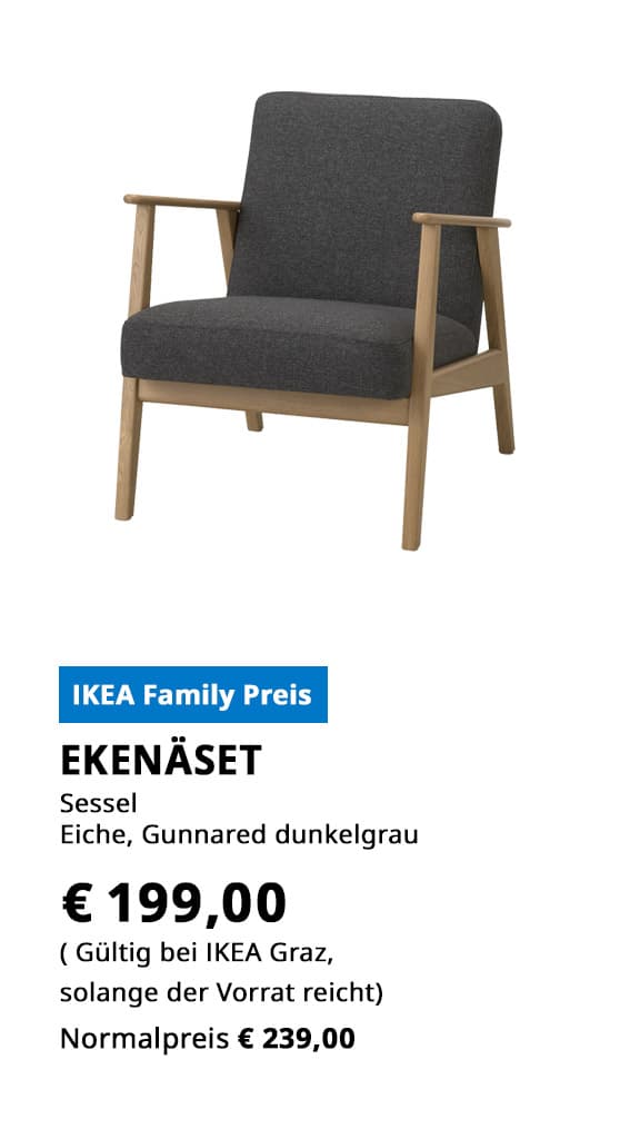 Sessel EKENÄSET, Eiche dunkelgrau, Bezug Gunnared dunekgrau, statt € 239 zum IKEA Family Preis von € 199.