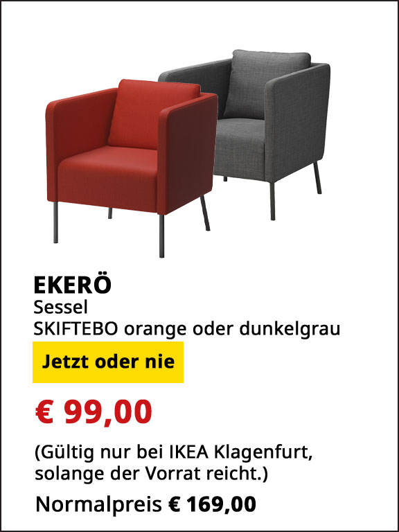 Sessel für Wohnzimmer EKERÖ, Bezug Skiftebo orange oder dunkelgrau, statt € 169 um € 99.