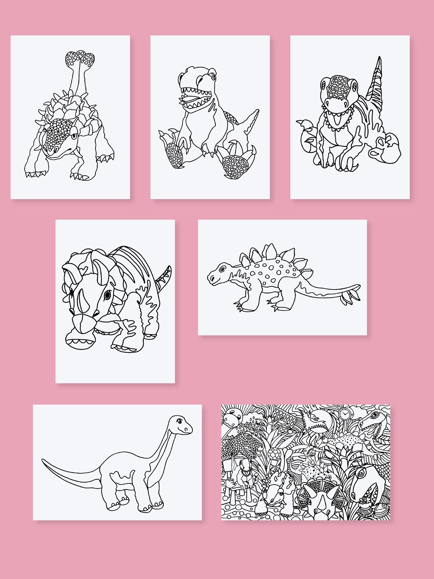 Set dibuixos de dinosaures JÄTTELIK en blanc i negre davant d'un fons rosa.