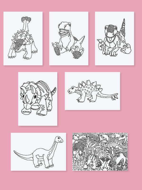 Seven separate black and white JÄTTELIK dino-drawings on top of a pink background.