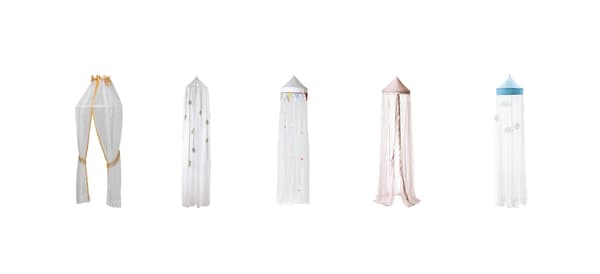 Several children's bed canopies in various colors against a white background.