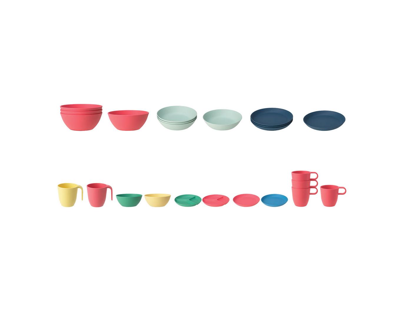 Several green, yellow, pink, and blue bowls, plates, and cups from the HEROISK series lined up against a white background.