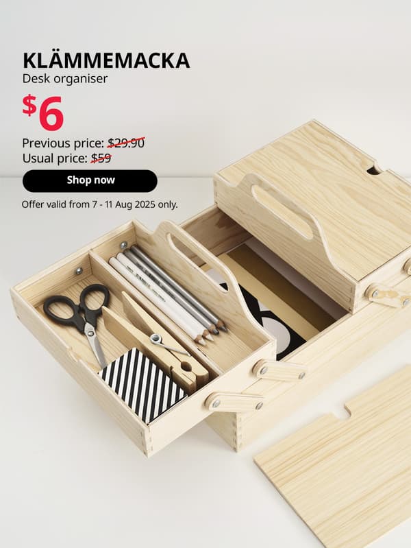 SG60. IKEA Singapore celebrates Singapore's 60th birthday with great furniture deals from 7 - 11 August. Offers are valid from 7 - 11 Aug 2025 only. KLÄMMEMACKA desk organiser, natural plywood, 35x22 cm, $6.