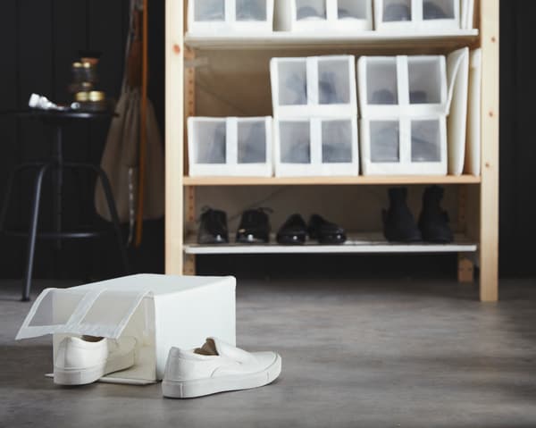 Shoes in front of a cabinet with shoe storage boxes