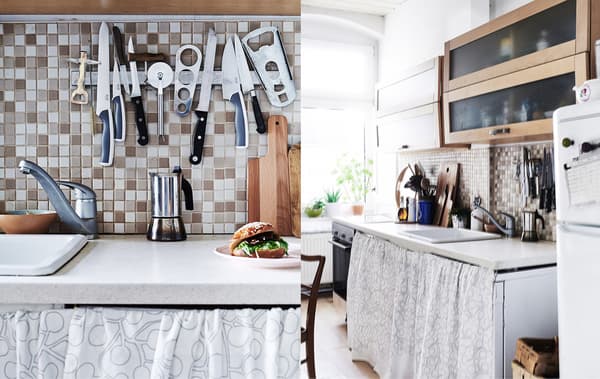 Side by side images of a small kitchen. Fabric hangs under the countertop and utensils are stored on a magnetic rail.